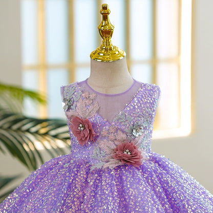 Princess Lilac Sequined Back Zip Baptism Flower(s) Tea Length Sleeveless Round Flower Girl Dress