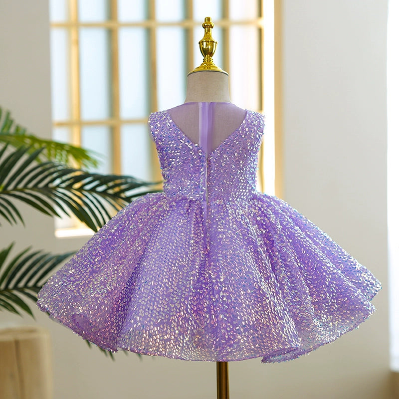 Princess Lilac Sequined Back Zip Baptism Flower(s) Tea Length Sleeveless Round Flower Girl Dress