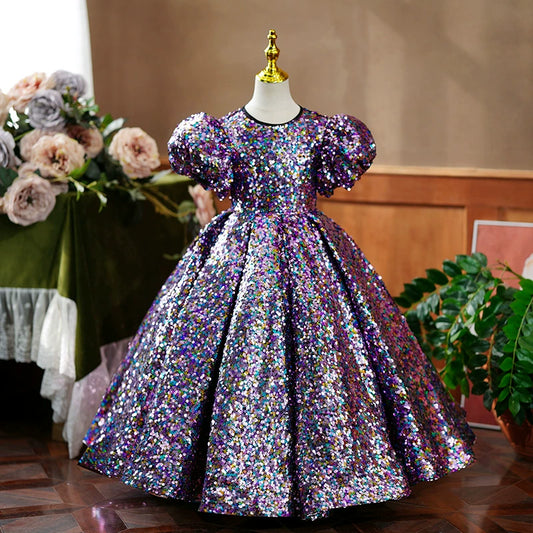 Princess Lilac Sequined Back Zip Baptism Sequins Short Sleeve Puff Sleeve Round Flower Girl Dress
