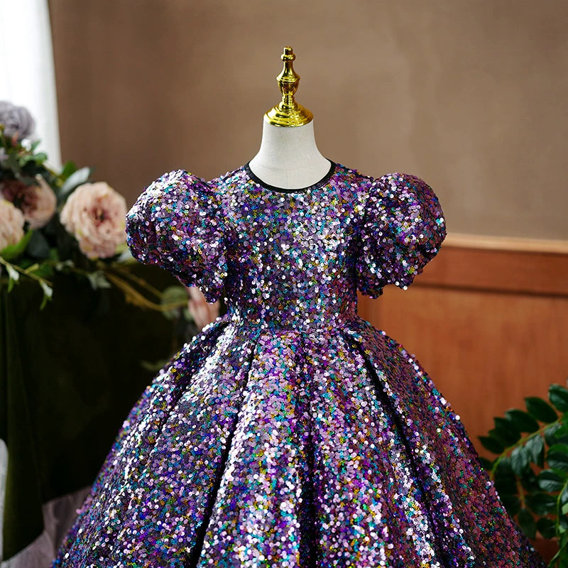 Princess Lilac Sequined Back Zip Baptism Sequins Short Sleeve Puff Sleeve Round Flower Girl Dress