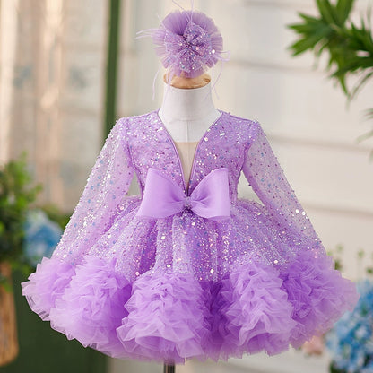 Princess Lilac Sequined Back Zip Baptism Sequins Tea Length Long Sleeve V-Neck Flower Girl Dress