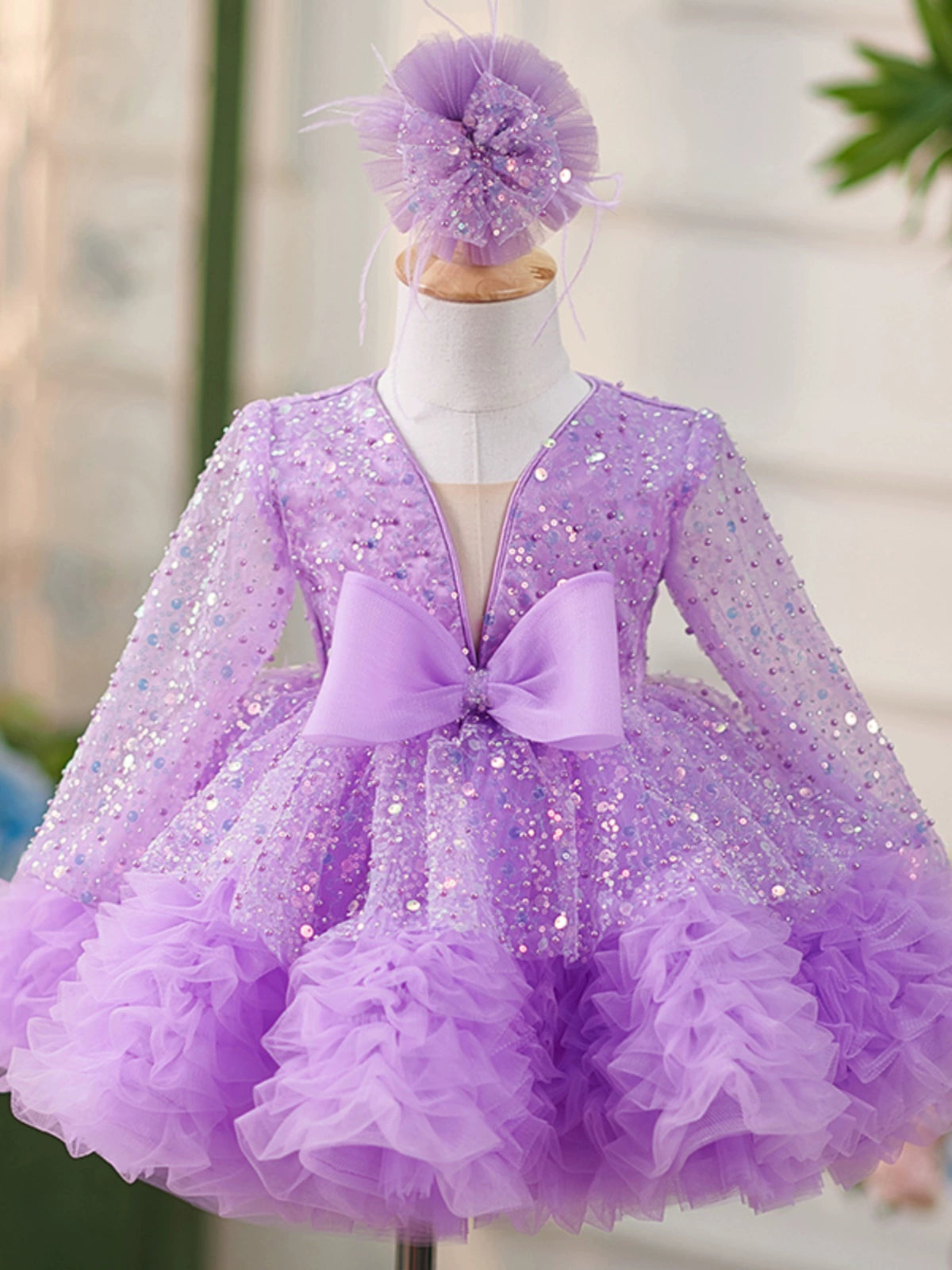 Princess Lilac Sequined Back Zip Baptism Sequins Tea Length Long Sleeve V-Neck Flower Girl Dress