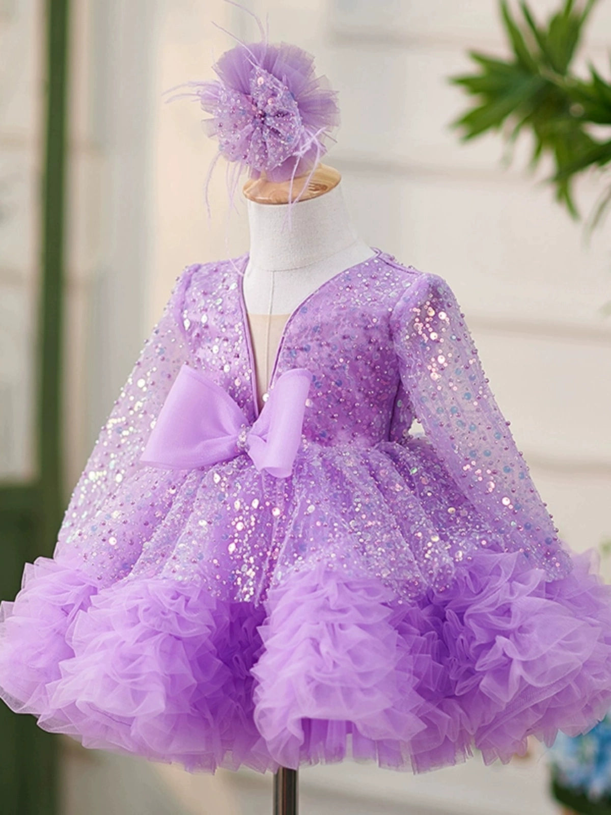 Princess Lilac Sequined Back Zip Baptism Sequins Tea Length Long Sleeve V-Neck Flower Girl Dress