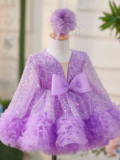 Princess Lilac Sequined Back Zip Baptism Sequins Tea Length Long Sleeve V-Neck Flower Girl Dress