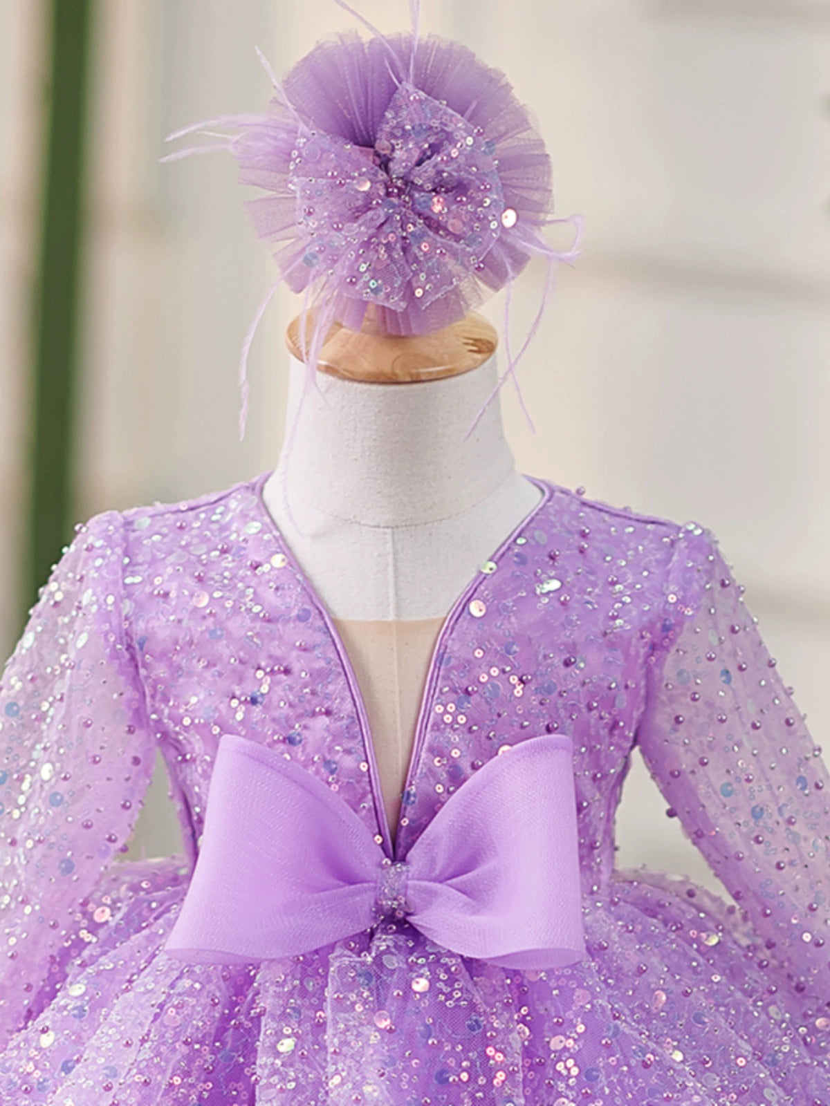 Princess Lilac Sequined Back Zip Baptism Sequins Tea Length Long Sleeve V-Neck Flower Girl Dress