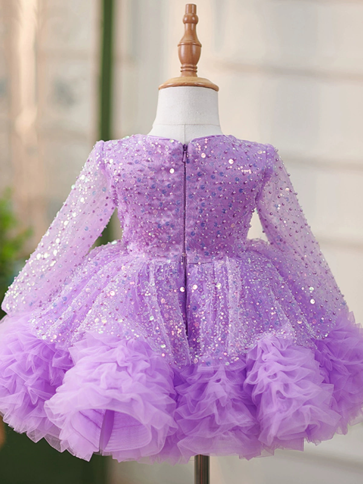 Princess Lilac Sequined Back Zip Baptism Sequins Tea Length Long Sleeve V-Neck Flower Girl Dress