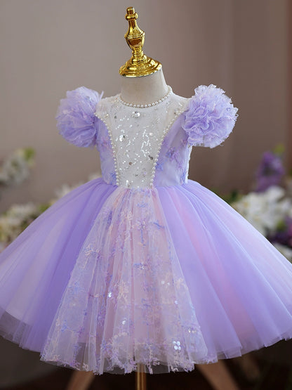 Princess Lilac Tulle Back Zip Baptism Flower(s) Tea Length Short Sleeve Cap Sleeve Round Flower Girl Dress