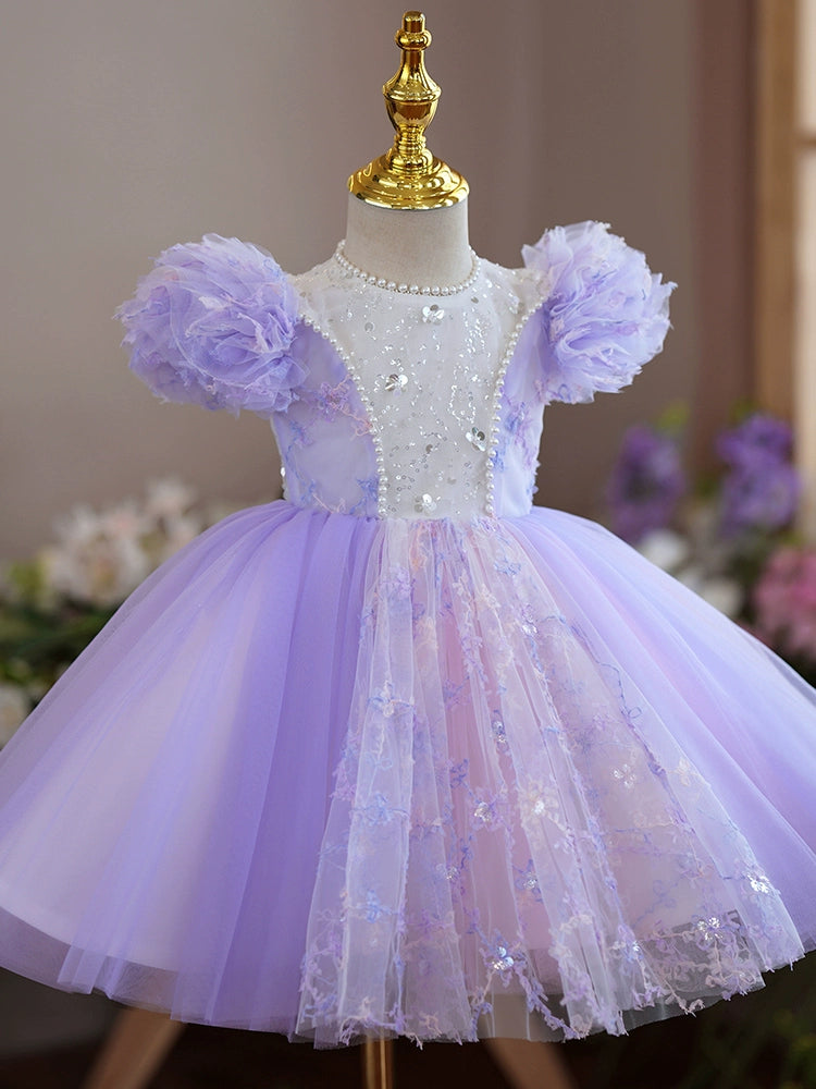 Princess Lilac Tulle Back Zip Baptism Flower(s) Tea Length Short Sleeve Cap Sleeve Round Flower Girl Dress