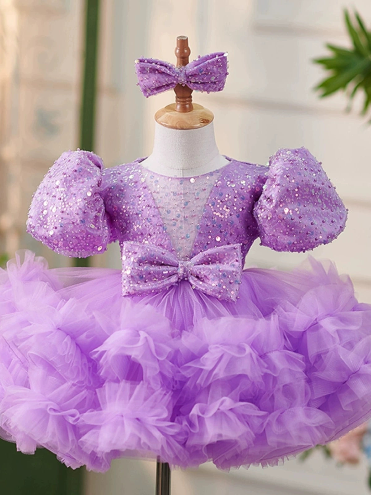 Princess Lilac Tulle Back Zip Baptism Sequins Tea Length Short Sleeve Puff Sleeve Round Flower Girl Dress