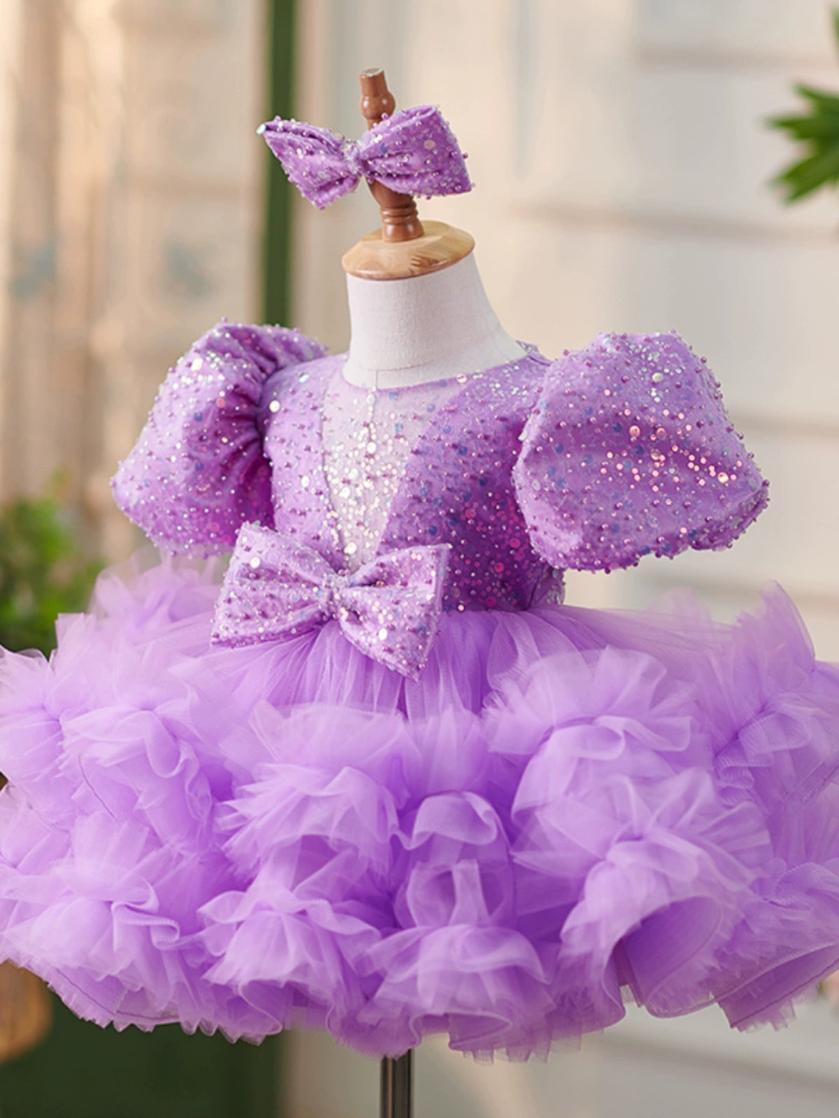 Princess Lilac Tulle Back Zip Baptism Sequins Tea Length Short Sleeve Puff Sleeve Round Flower Girl Dress