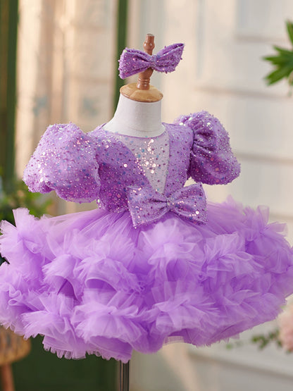 Princess Lilac Tulle Back Zip Baptism Sequins Tea Length Short Sleeve Puff Sleeve Round Flower Girl Dress