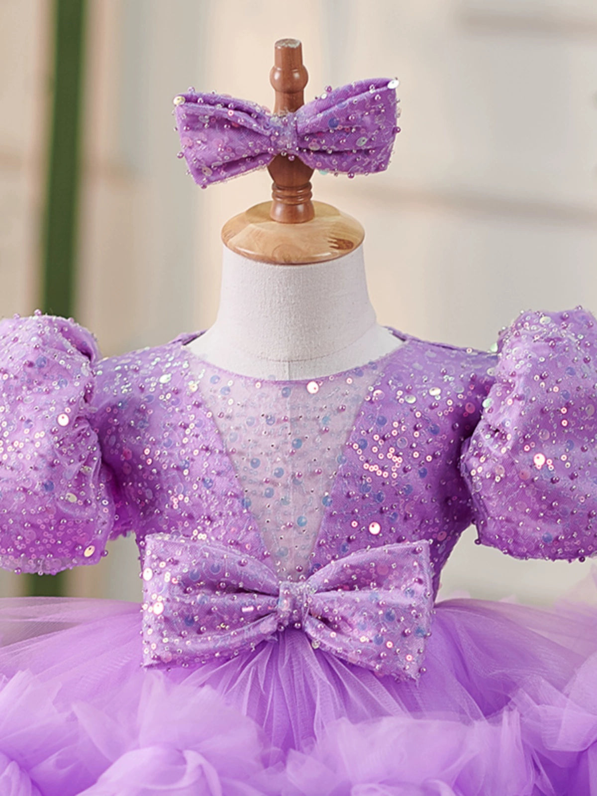 Princess Lilac Tulle Back Zip Baptism Sequins Tea Length Short Sleeve Puff Sleeve Round Flower Girl Dress