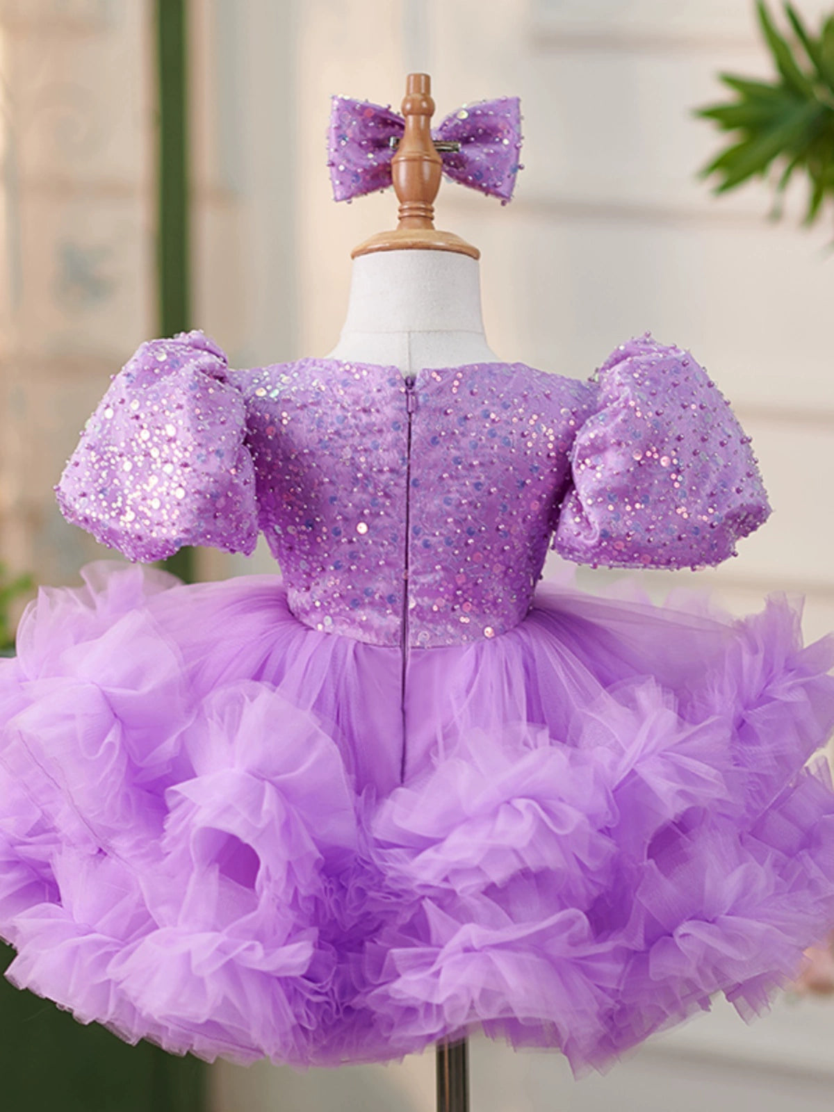 Princess Lilac Tulle Back Zip Baptism Sequins Tea Length Short Sleeve Puff Sleeve Round Flower Girl Dress