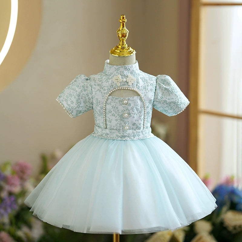 Princess Mint Green Satin Back Zip Baptism Beaded Tea Length Short Sleeve Puff Sleeve Mock Neck Flower Girl Dress