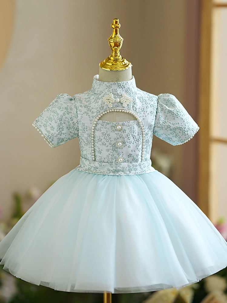 Princess Mint Green Satin Back Zip Baptism Beaded Tea Length Short Sleeve Puff Sleeve Mock Neck Flower Girl Dress