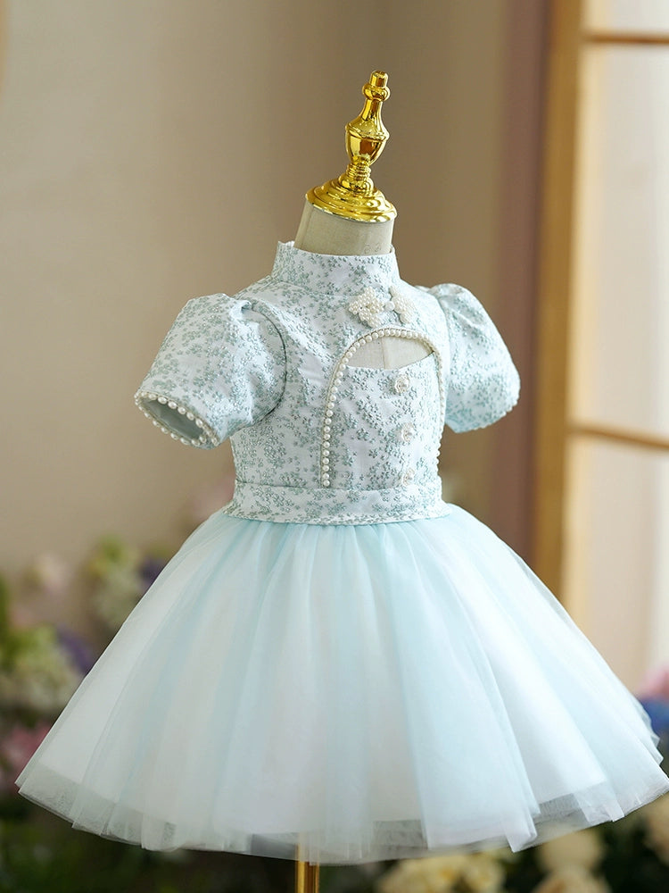 Princess Mint Green Satin Back Zip Baptism Beaded Tea Length Short Sleeve Puff Sleeve Mock Neck Flower Girl Dress