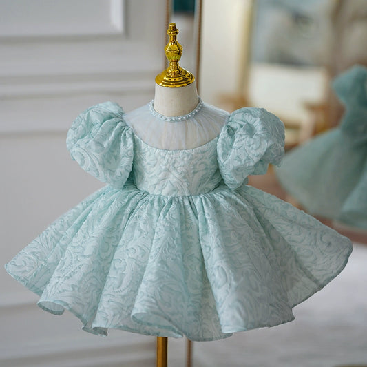 Princess Mint Green Satin Back Zip Baptism Bow(s) Tea Length Short Sleeve Puff Sleeve Jewel Neck Flower Girl Dress