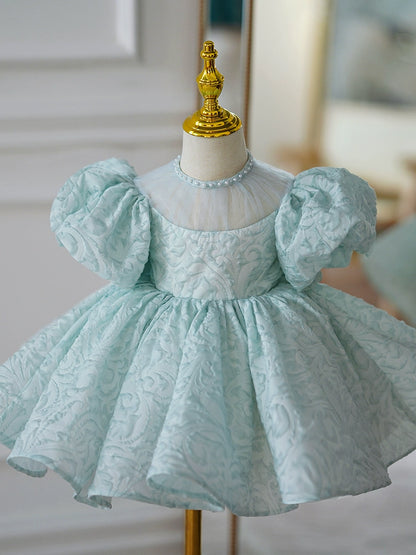 Princess Mint Green Satin Back Zip Baptism Bow(s) Tea Length Short Sleeve Puff Sleeve Jewel Neck Flower Girl Dress