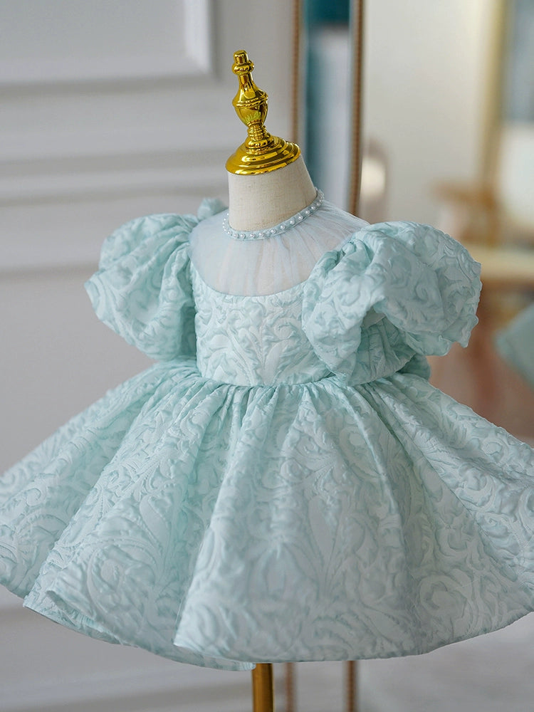 Princess Mint Green Satin Back Zip Baptism Bow(s) Tea Length Short Sleeve Puff Sleeve Jewel Neck Flower Girl Dress