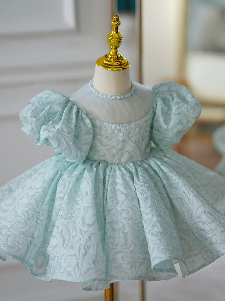 Princess Mint Green Satin Back Zip Baptism Bow(s) Tea Length Short Sleeve Puff Sleeve Jewel Neck Flower Girl Dress