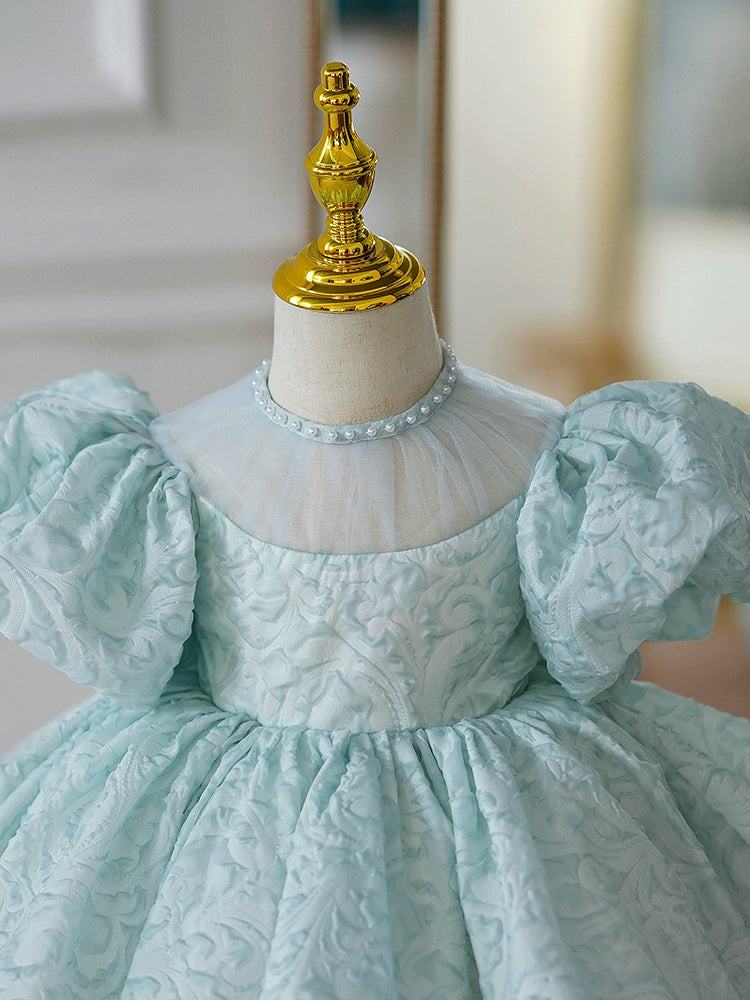 Princess Mint Green Satin Back Zip Baptism Bow(s) Tea Length Short Sleeve Puff Sleeve Jewel Neck Flower Girl Dress