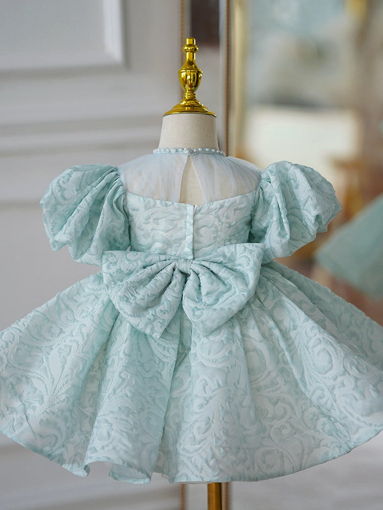 Princess Mint Green Satin Back Zip Baptism Bow(s) Tea Length Short Sleeve Puff Sleeve Jewel Neck Flower Girl Dress