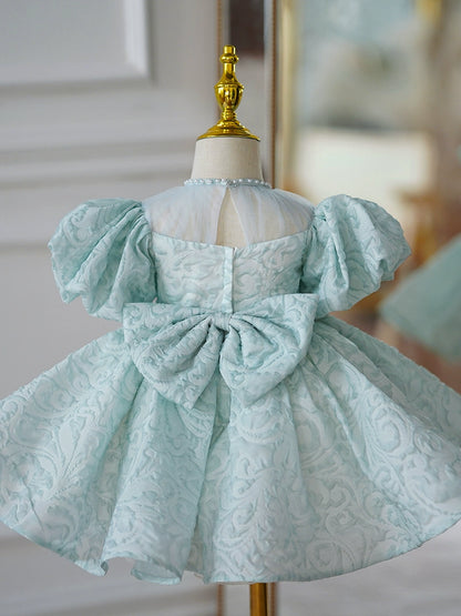 Princess Mint Green Satin Back Zip Baptism Bow(s) Tea Length Short Sleeve Puff Sleeve Jewel Neck Flower Girl Dress