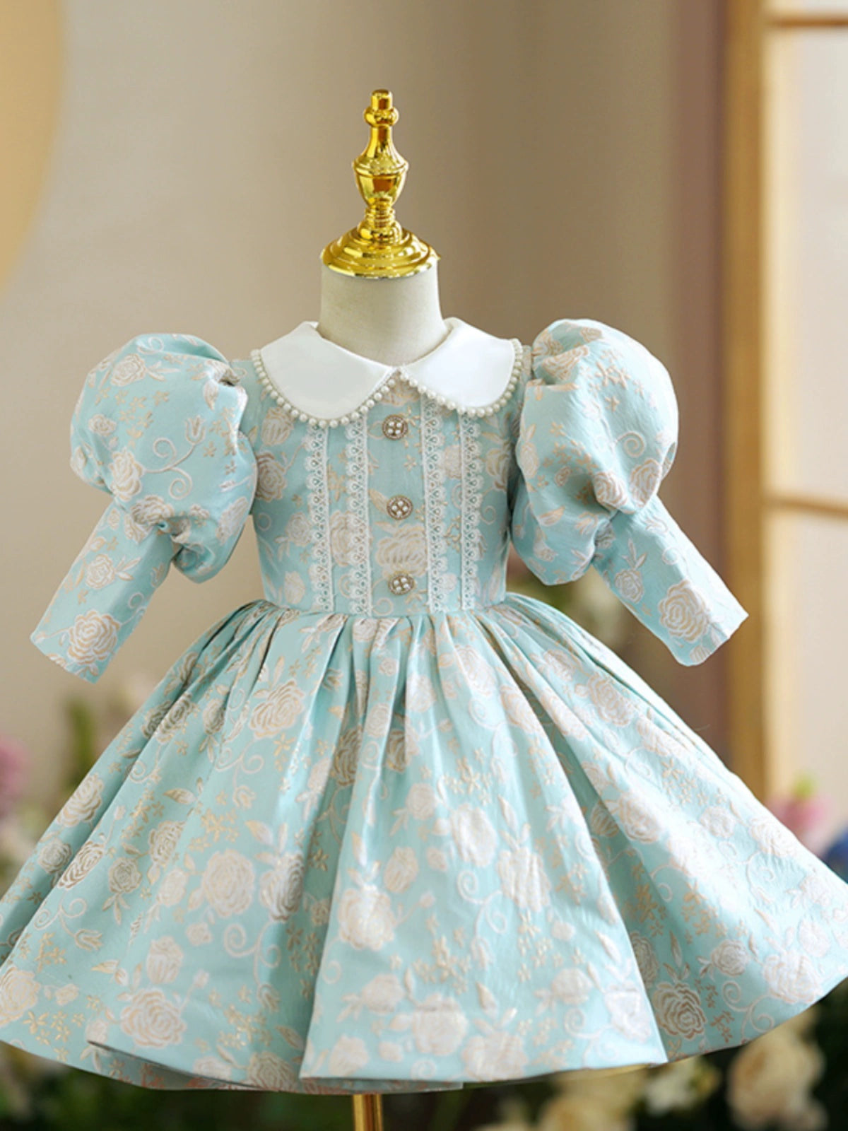 Princess Mint Green Satin Back Zip Baptism Lace Tea Length Long Sleeve Puff Sleeve Collared Neck Flower Girl Dress