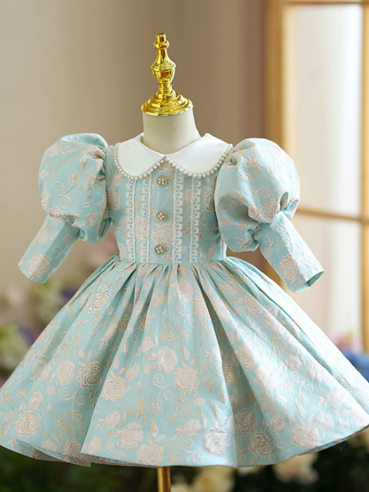 Princess Mint Green Satin Back Zip Baptism Lace Tea Length Long Sleeve Puff Sleeve Collared Neck Flower Girl Dress