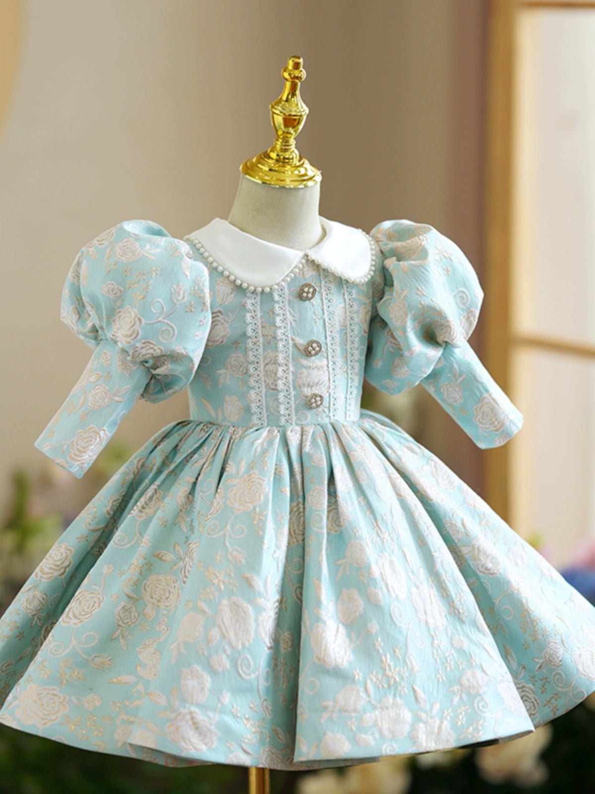 Princess Mint Green Satin Back Zip Baptism Lace Tea Length Long Sleeve Puff Sleeve Collared Neck Flower Girl Dress