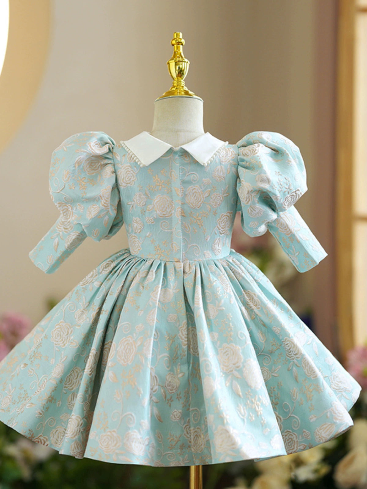 Princess Mint Green Satin Back Zip Baptism Lace Tea Length Long Sleeve Puff Sleeve Collared Neck Flower Girl Dress