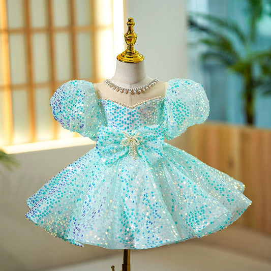 Princess Mint Green Sequined Back Zip Baptism Beaded Tea Length Short Sleeve Puff Sleeve Jewel Neck Flower Girl Dress