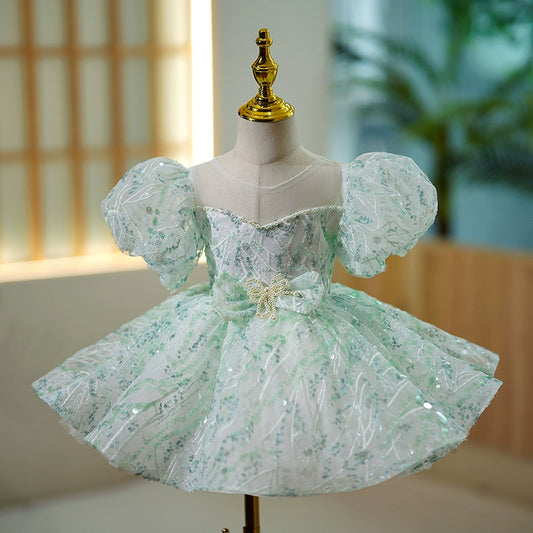 Princess Mint Green Sequined Back Zip Baptism Bow(s) Tea Length Short Sleeve Puff Sleeve Scoop Flower Girl Dress