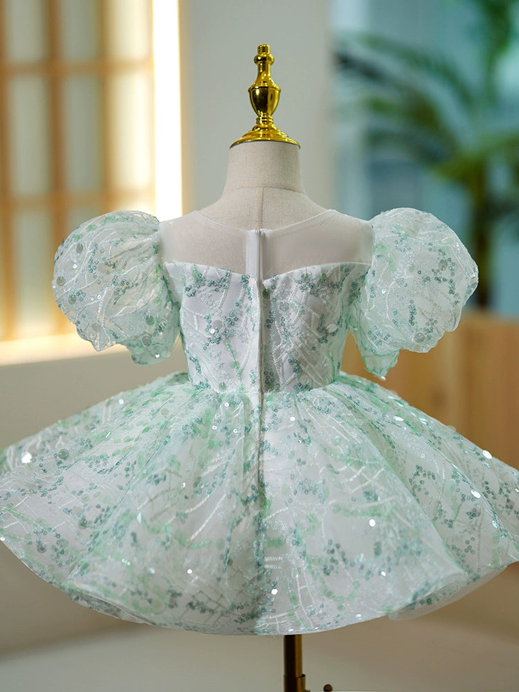 Princess Mint Green Sequined Back Zip Baptism Bow(s) Tea Length Short Sleeve Puff Sleeve Scoop Flower Girl Dress