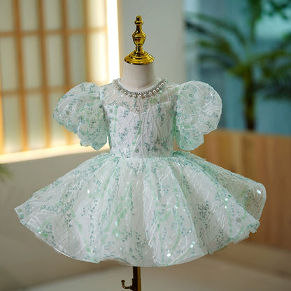 Princess Mint Green Sequined Back Zip Baptism Sequins Short Sleeve Puff Sleeve Jewel Neck Flower Girl Dress