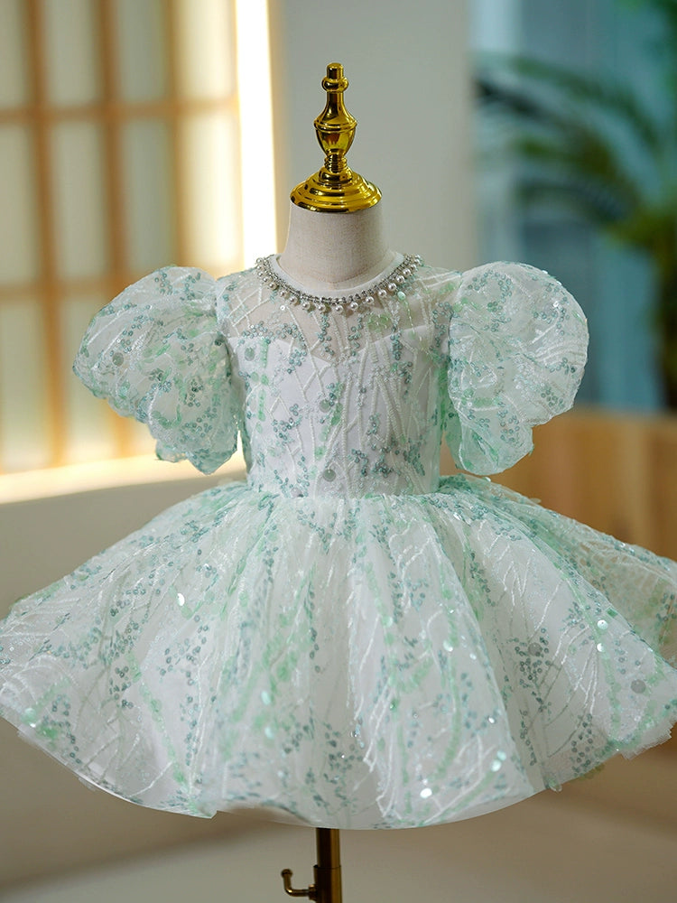 Princess Mint Green Sequined Back Zip Baptism Sequins Short Sleeve Puff Sleeve Jewel Neck Flower Girl Dress