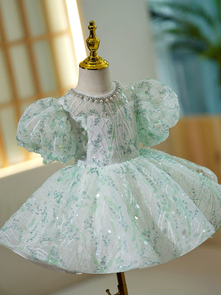 Princess Mint Green Sequined Back Zip Baptism Sequins Short Sleeve Puff Sleeve Jewel Neck Flower Girl Dress