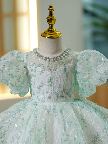 Princess Mint Green Sequined Back Zip Baptism Sequins Short Sleeve Puff Sleeve Jewel Neck Flower Girl Dress