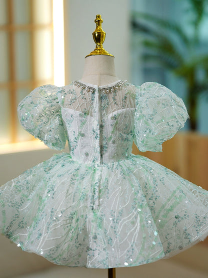 Princess Mint Green Sequined Back Zip Baptism Sequins Short Sleeve Puff Sleeve Jewel Neck Flower Girl Dress
