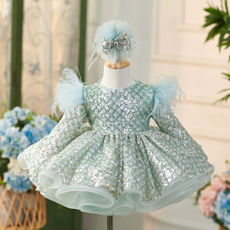 Princess Mint Green Sequined Back Zip Baptism Sequins Tea Length Long Sleeve Round Flower Girl Dress