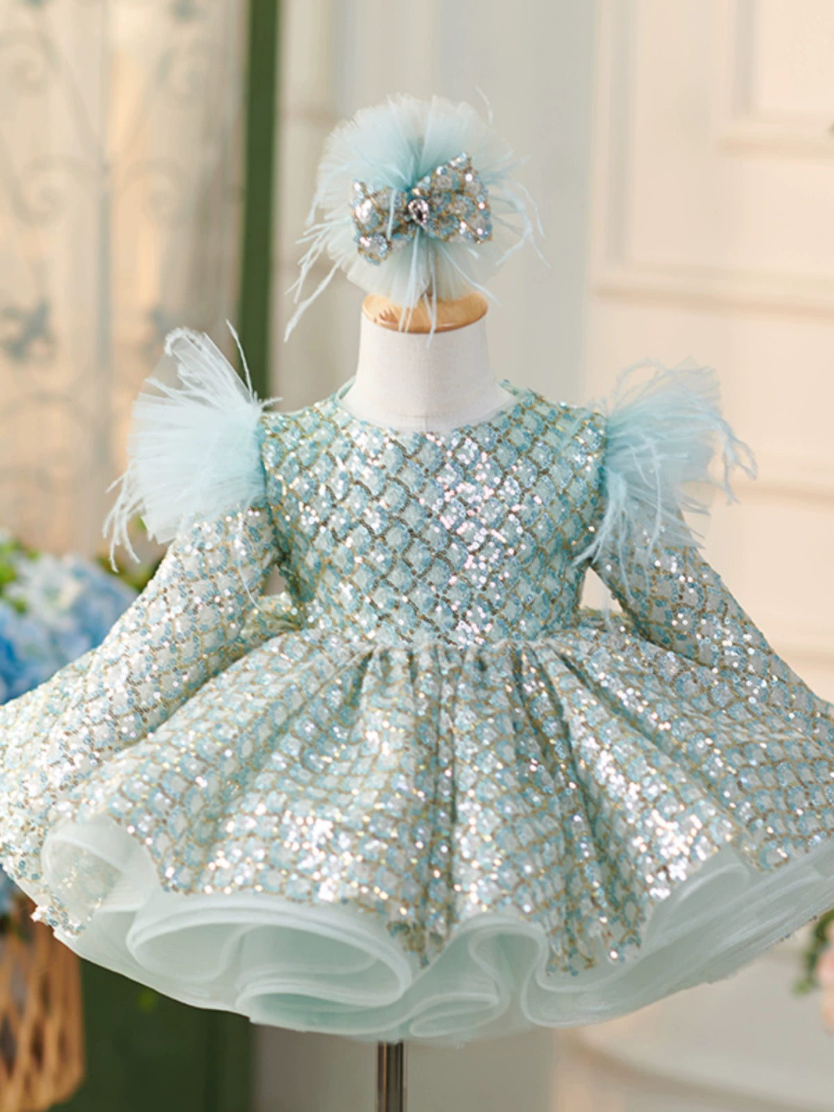 Princess Mint Green Sequined Back Zip Baptism Sequins Tea Length Long Sleeve Round Flower Girl Dress