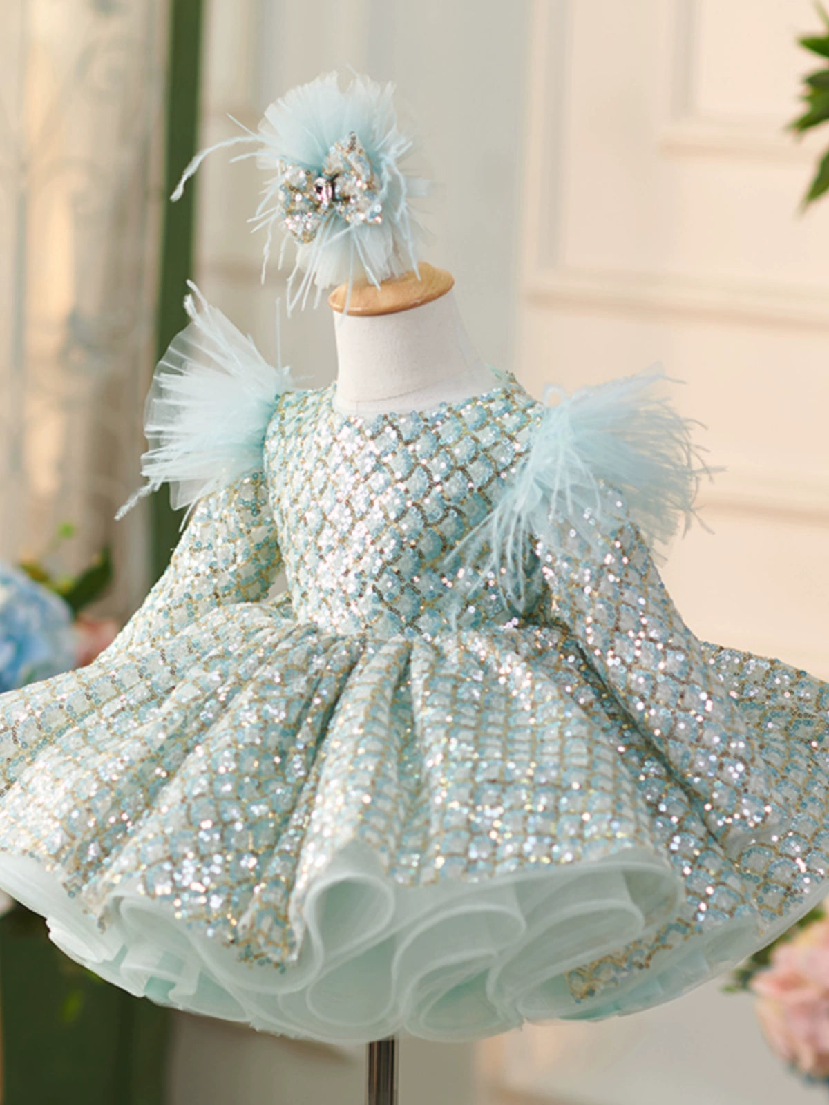 Princess Mint Green Sequined Back Zip Baptism Sequins Tea Length Long Sleeve Round Flower Girl Dress