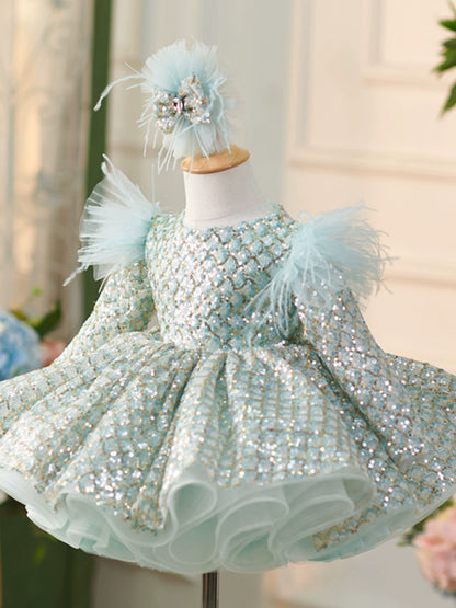 Princess Mint Green Sequined Back Zip Baptism Sequins Tea Length Long Sleeve Round Flower Girl Dress