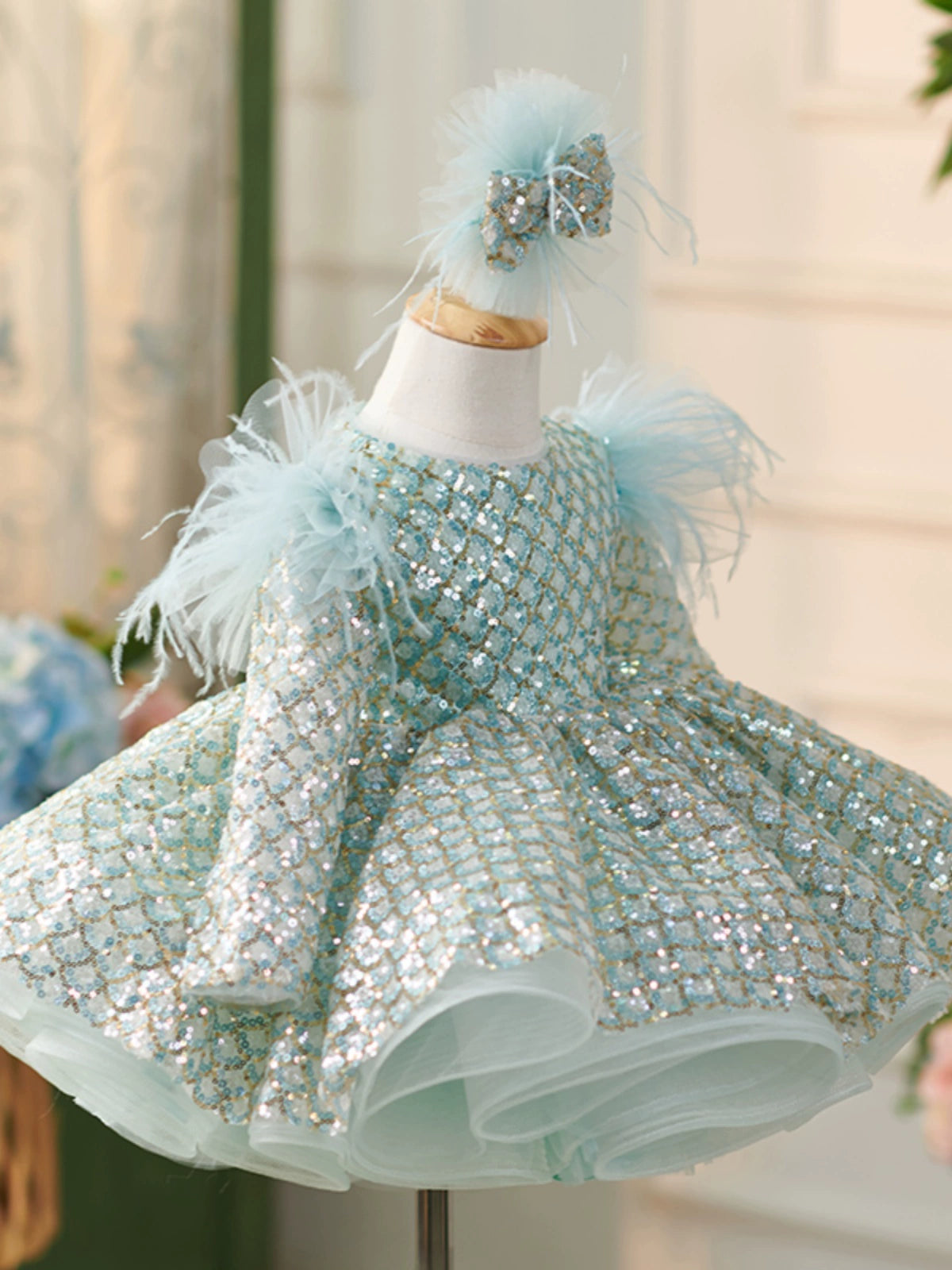 Princess Mint Green Sequined Back Zip Baptism Sequins Tea Length Long Sleeve Round Flower Girl Dress