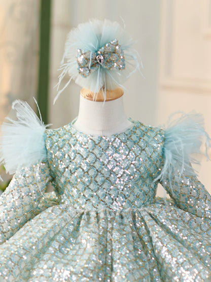 Princess Mint Green Sequined Back Zip Baptism Sequins Tea Length Long Sleeve Round Flower Girl Dress