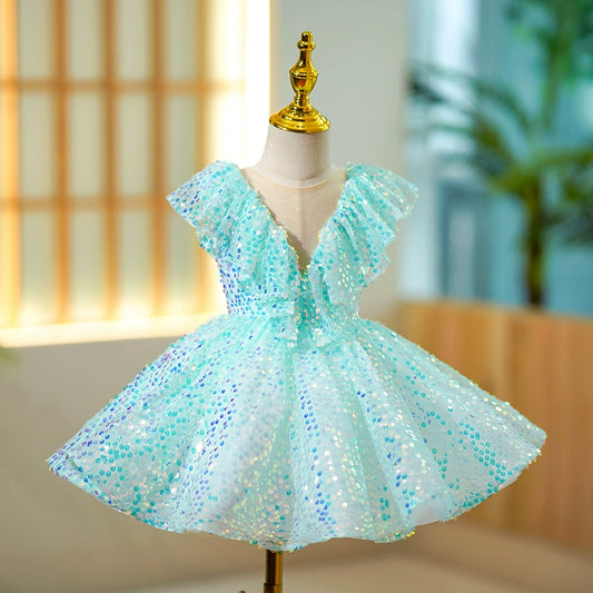 Princess Mint Green Sequined Back Zip Baptism Sequins Tea Length Sleeveless Cap Sleeve Round Flower Girl Dress