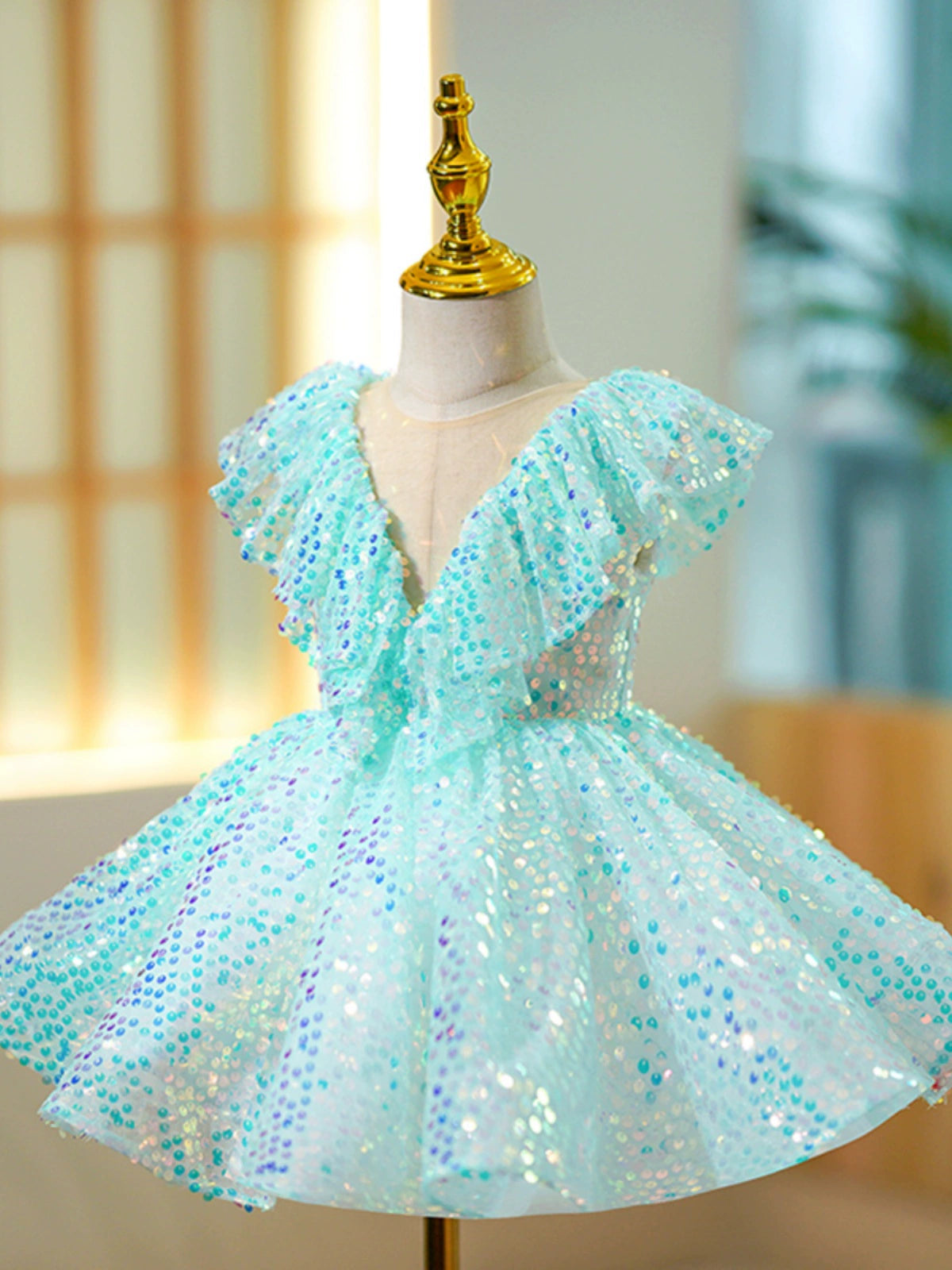 Princess Mint Green Sequined Back Zip Baptism Sequins Tea Length Sleeveless Cap Sleeve Round Flower Girl Dress