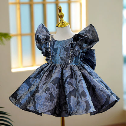 Princess Navy Blue Satin Back Zip Baptism Beaded Tea Length Short Sleeve Cap Sleeve Round Flower Girl Dress