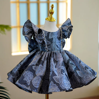 Princess Navy Blue Satin Back Zip Baptism Beaded Tea Length Short Sleeve Cap Sleeve Round Flower Girl Dress