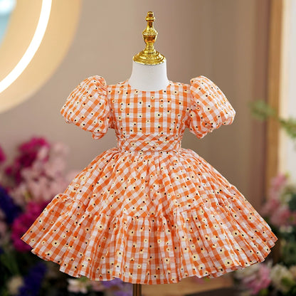 Princess Orange Cotton Back Zip Baptism Bow(s) Tea Length Short Sleeve Puff Sleeve Round Flower Girl Dress